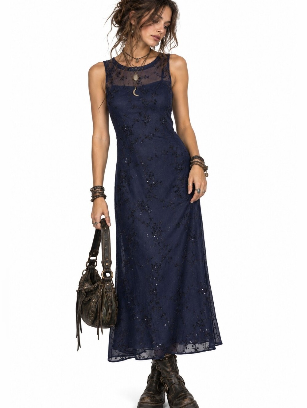 Vintage Y2K Navy Floral Burnout Velvel Mesh Midi Dress S Whimsigoth Butterfly
